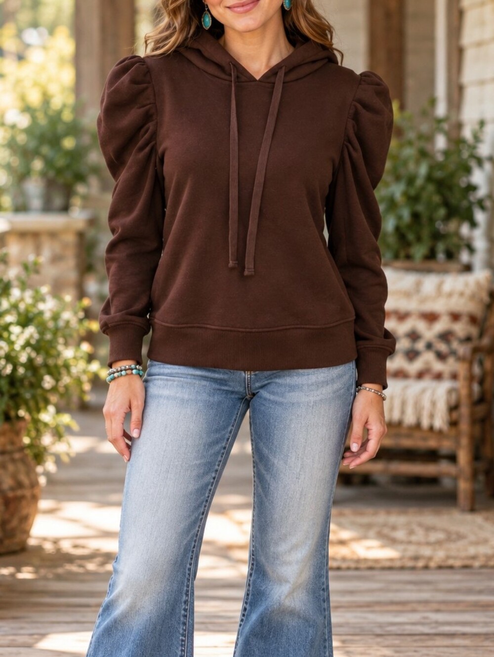 Skimming Women's Puff Sleeve Hoodie - Brown